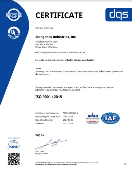 Stangenes DQS ISO certified 9001:2015